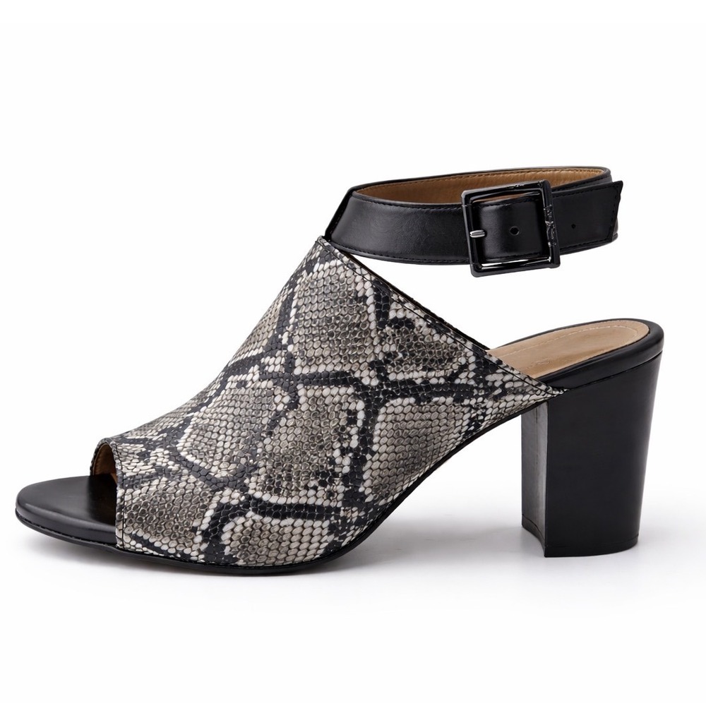 Vionic Kaja Snake Skin Embossed Block Heel‎ Mule Sandals Black Gray Comfort Sz 9